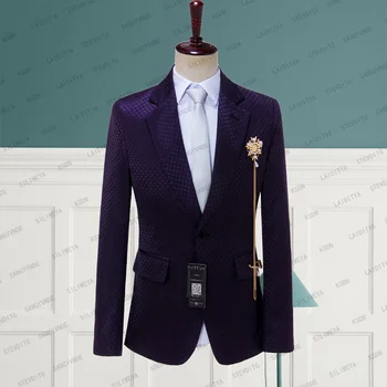 2023 Новый Темно-фиолетовый Жаккардовый костюм в горошек для мужчин, вечерние пальто для свадебной вечеринки, костюм Terno Masculino, Мужские Блейзеры, куртки