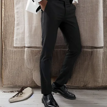 Черные мужские костюмные брюки с боковой атласной полосой, приталенные официальные мужские брюки для свадебной и вечерней одежды 2023 года В наличии