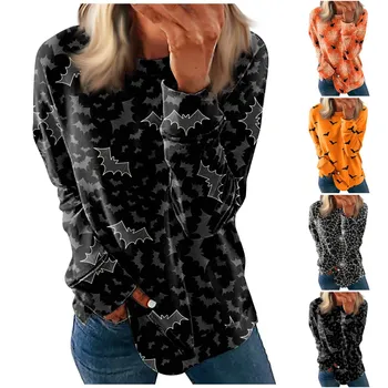 Женская свободная футболка с длинным рукавом, модная повседневная футболка с V-образным вырезом и принтом на Хэллоуин, кружевные винтажные толстовки, пуловер Mujer лонгслив женский