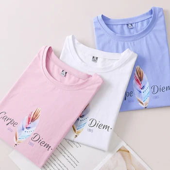 Летняя хлопковая футболка с градиентным принтом из перьев, Повседневная 2023, Креативная офисная женская футболка, Женственные розовые топы