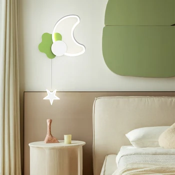 Современный минималистский настенный светильник в виде звезды и Луны для спальни, настенный Диван, стол, Зеленый, белый, с лампочкой, украшение для дома в помещении