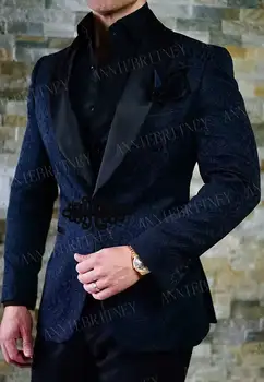 Модный Новый Популярный темно-синий мужской костюм, Приталенный Смокинг, костюм жениха, свадебный блейзер для выпускного вечера, брюки с черной пряжкой в китайском стиле, 2 шт.