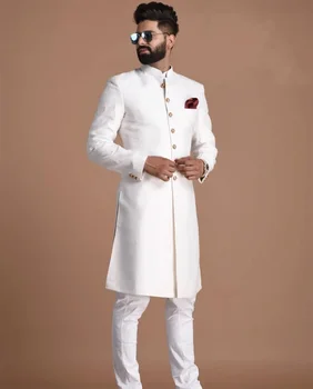 Индийский мужской костюм, однобортный с золотыми пуговицами, длинное пальто в арабском стиле, свадебные костюмы для мужчин, приталенная мужская одежда из 2 предметов