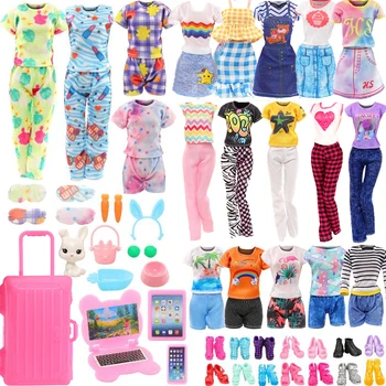 34 Шт новой модной одежды и аксессуаров для куклы Барби = 3 платья, 3 топы и брюки, 2 пижамы + повязки на глаза, компьютерные наборы