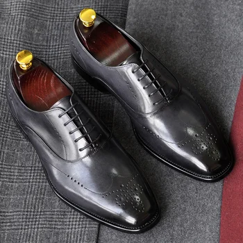 Новая деловая официальная мужская обувь Оксфордские туфли из натуральной кожи с квадратным носком и резьбой на шнуровке