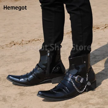 Остроконечные мужские ботинки из лакированной кожи с крутой цепочкой Модные короткие кожаные ботинки Британские рок-ботинки с коротким рукавом