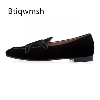 Черные роскошные бархатные мужские туфли на плоской подошве с острым носком и двойным узлом на плоской подошве Мужская модная обувь для вечеринок