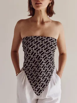 Женский укороченный топ с ярким принтом и открытыми плечами, завязанный спереди узлом - Стильная летняя клубная одежда
