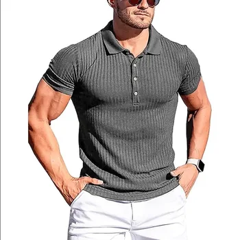 Новые летние мужские поло, эластичные рубашки Поло в сплошную полоску с коротким рукавом, мужские модные мужские рубашки со стоячим воротником 2024, футболка оверсайз