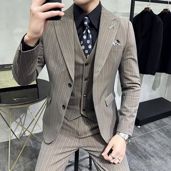 (Куртка + жилет + брюки) Высококачественная корейская версия классических полосатых приталенных деловых костюмов, мужского банкетного платья, мужских свадебных костюмов