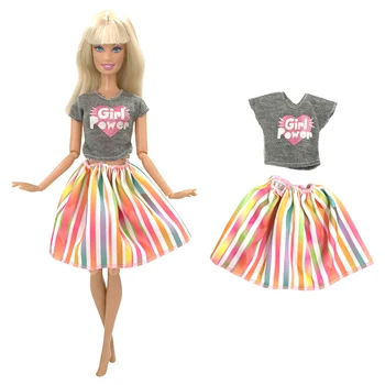 1 Комплект одежды для куклы, рубашка с рисунком сердца + радужная юбка, платье в красочную полоску для куклы Барби, аксессуары для одежды, игрушки