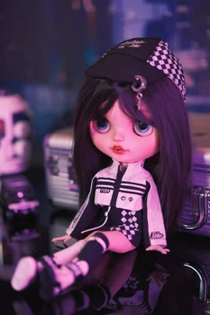Одежда для куклы BJD, подходящая для размера Blythe, черно-белый мотоциклетный костюм, аксессуары для куклы из 5 предметов