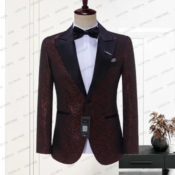 Мужской свадебный костюм 2023 Блестящего итальянского дизайна, Красно-Черный Жаккардовый пиджак с цветочным рисунком, сшитый на заказ, Повседневный Деловой смокинг, пиджак жениха, блейзер, пальто
