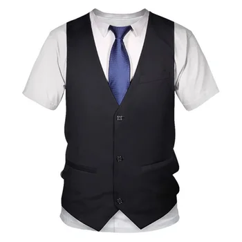 Летняя мода, забавный поддельный костюм, 3D футболка, смокинг, галстук-бабочка, футболки с 3D принтом, мужская летняя уличная одежда