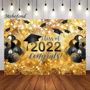 Фон для фотосъемки Mehofond Выпускные Черные и золотые воздушные шары, шапочка для бакалавра, Поздравления с выпускным, декор для фотостудии