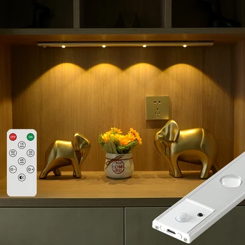 Ультратонкая светодиодная лампа с дистанционным управлением 20/30/40 см, датчик движения PIR, лампа для шкафа, Беспроводной USB-перезаряжаемый кухонный ночник