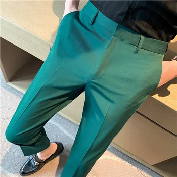 9 Цветных летних модных мужских костюмных брюк, однотонные деловые официальные брюки, приталенные офисные мужские свадебные социальные брюки длиной до щиколотки
