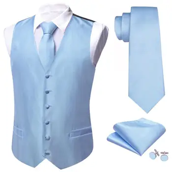 Элегантный жилет для мужчин, синий однотонный шелковый жилет, комплект с галстуком, мужские официальные свадебные костюмы, деловой подарок, жилет без рукавов Barry Wang