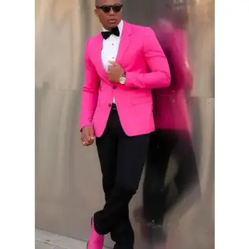 Ярко-розовый мужской костюм на 2 пуговицы, приталенная одежда для свадьбы, выпускного вечера, блейзер на заказ (куртка + черные брюки)