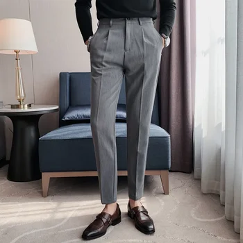 Стрейчевые облегающие брюки для мужчин, весенние Новые официальные костюмные брюки для мужчин, модные повседневные черно-белые брюки полной длины.