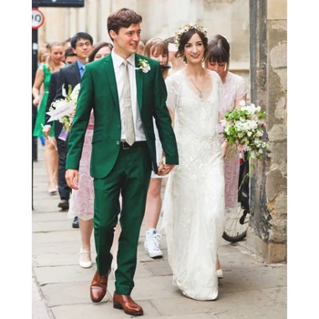 Роскошные свадебные костюмы для мужчин Зеленый блейзер, куртка из 2 частей, брюки, приталенный Однобортный вырез с лацканами, Приталенный комплект для официальной вечеринки